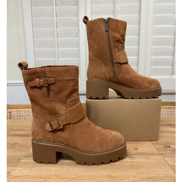 Michael Kors Perry Suede Moto Boots Luggage Camel Size 8 NWOB Chic Edgy Lug Sole - Picture 2 of 14